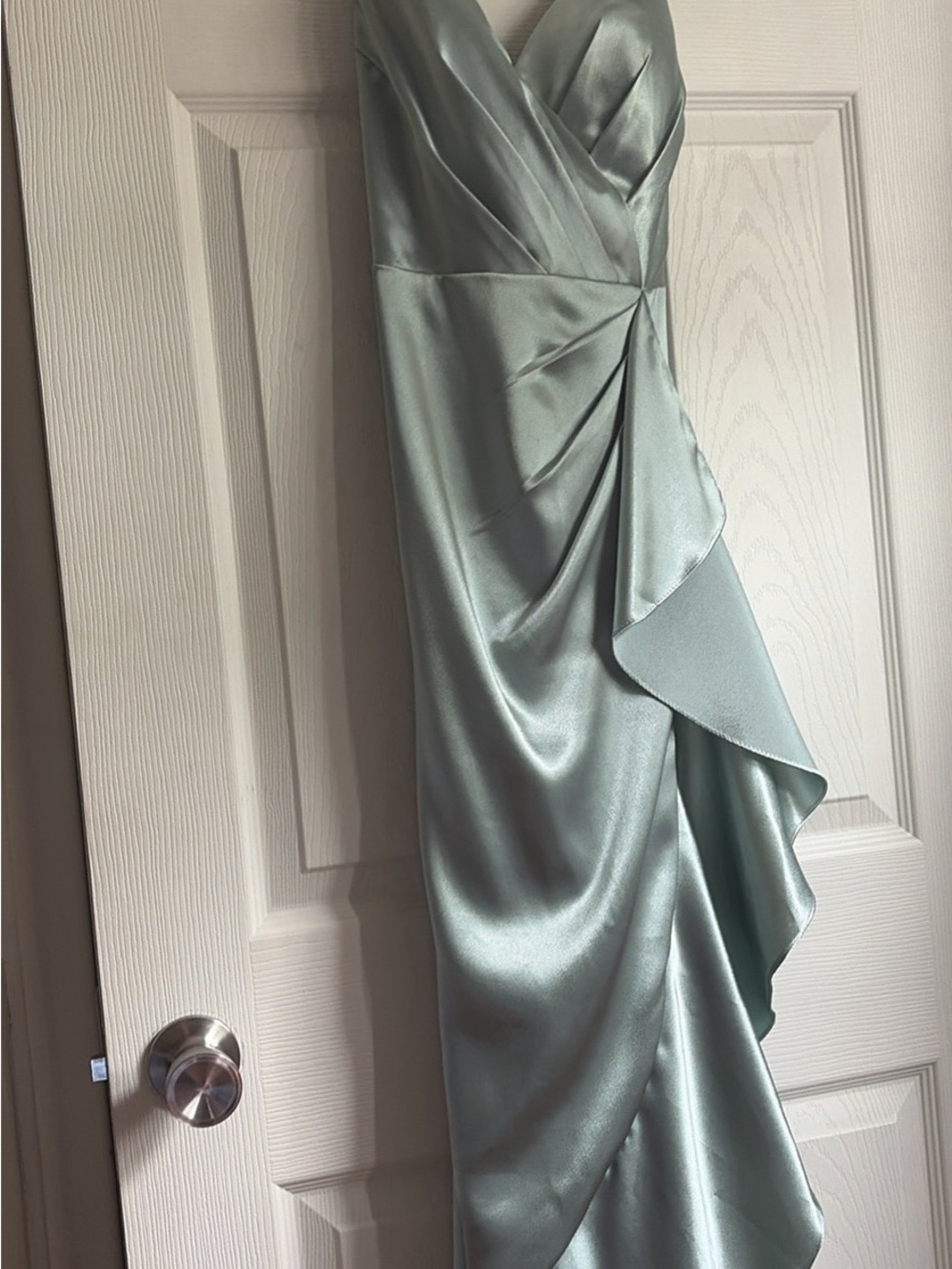 Satin Draped Strapless Evening Dress in Sage Green